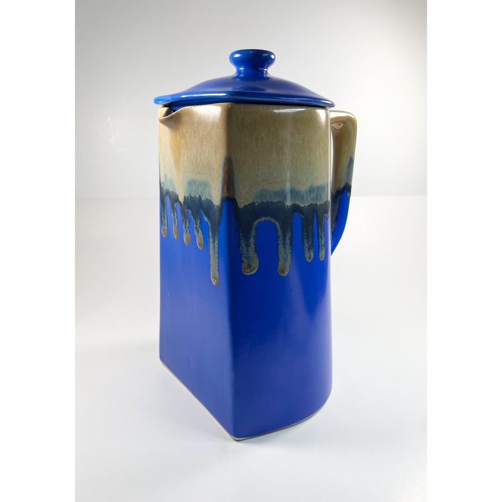 Rodolfo Padilla 1980‎  Pottery Coffee Pot & Lid Blue Tan Drip Glaze Signed 10"